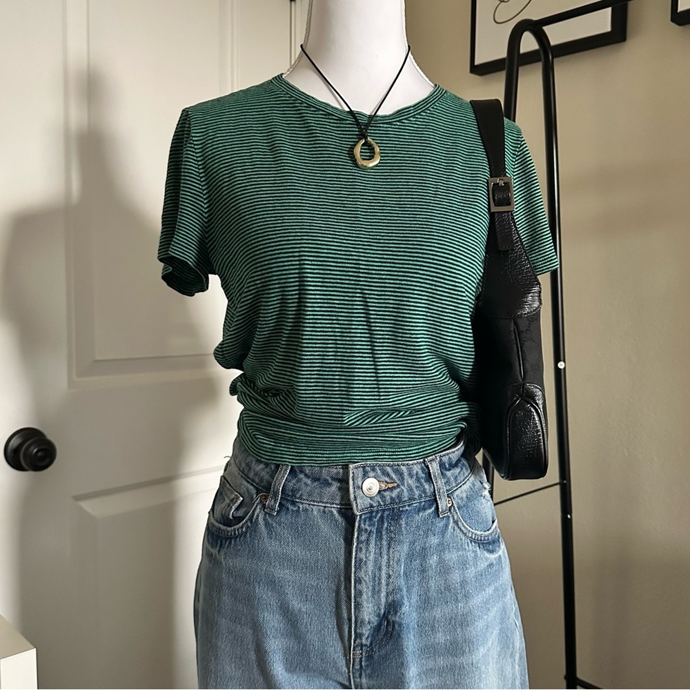 J. Jill Green Striped Short Sleeve Tee